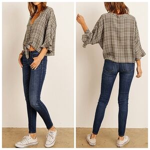Boho flutter sleeve plaid button front blouse top S